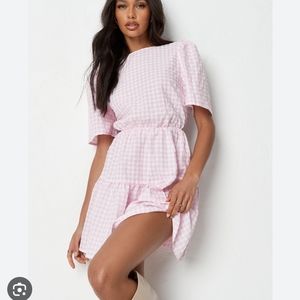 Missguided Gingham Tiered Smock Skater Dress Puff Sleeves Lightweight Linen Look